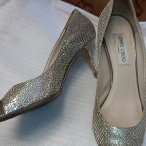 Jimmy Choo Glittering SILVER Peep-Toe Heels SIZE 10